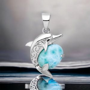 925 Sterling Silver Filigree Dolphin Nautical Larimar Necklace Charm Pendant